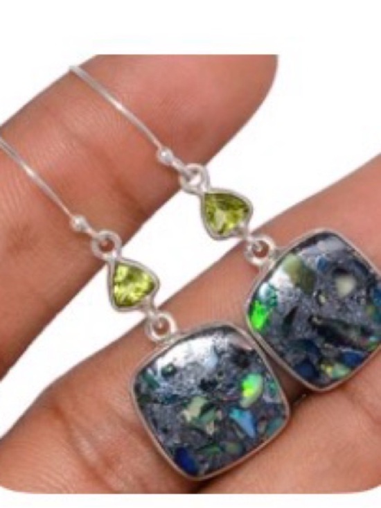 Earth Art hand crafted artisan Jewelry - Genuine Ethiopian opal in pyrite silver earrings